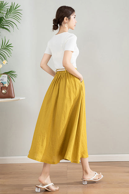 Handmade Linen Cotton Midi Skirt with Pockets | Xiaolizi 4201