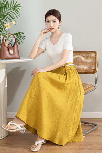 Handmade Linen Cotton Midi Skirt with Pockets | Xiaolizi 4201