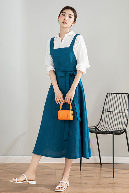 Blue Midi Linen Apron Dress 4202