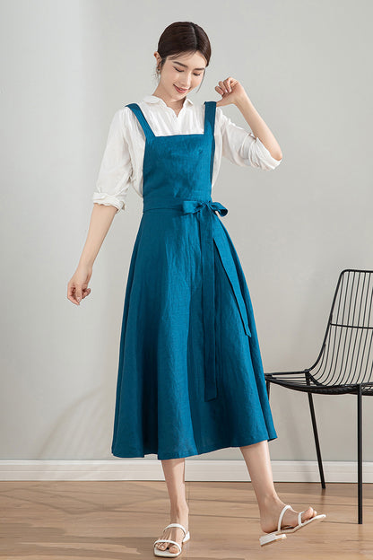 Blue Midi Linen Apron Dress 4202