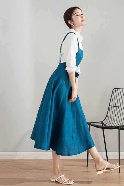 Blue Midi Linen Apron Dress 4202