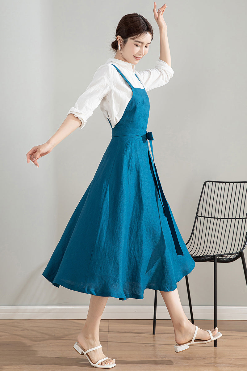 Blue Midi Linen Apron Dress 4202