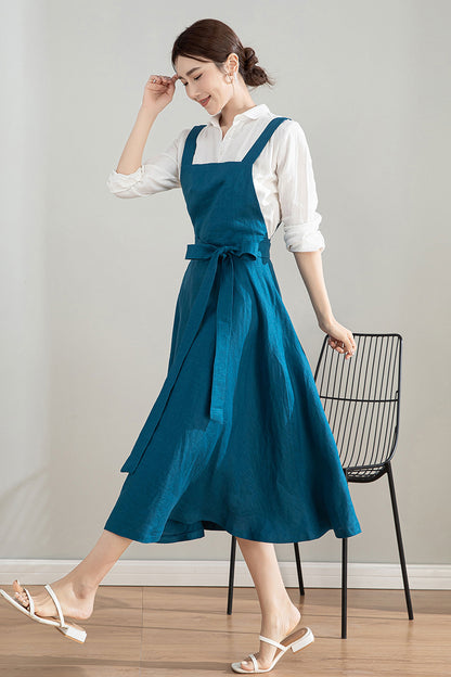 Blue Midi Linen Apron Dress 4202