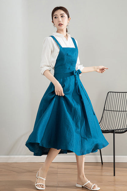 Blue Midi Linen Apron Dress 4202