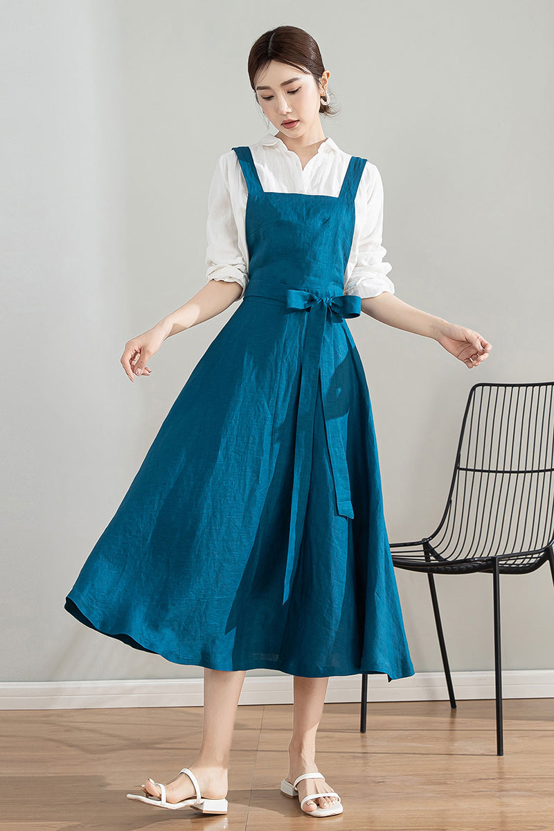 Blue Midi Linen Apron Dress 4202 Xiaolizi Blue Midi Linen Apron Dress 4202 Xiaolizi