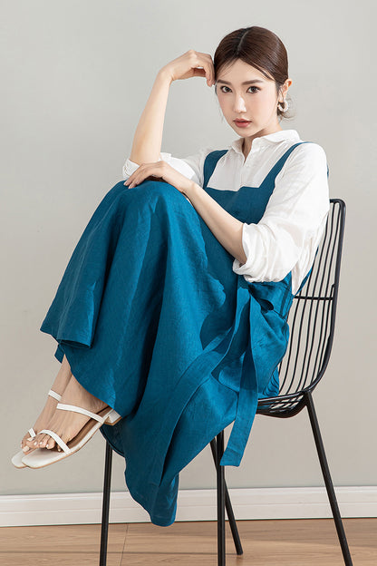 Blue Midi Linen Apron Dress 4202