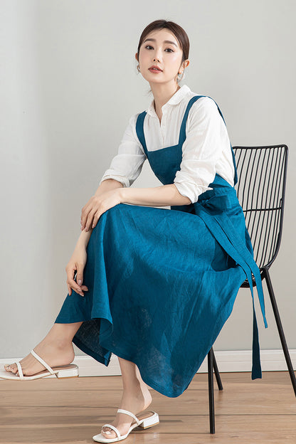 Blue Midi Linen Apron Dress 4202