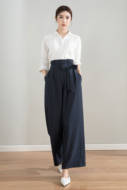 Navy Blue Polyester Wide Leg Pants - Striped, Belted Waist 4203