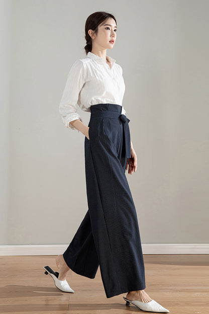 Navy Blue Polyester Wide Leg Pants - Striped, Belted Waist 4203