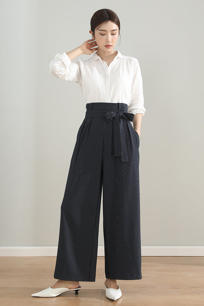 Navy Blue Polyester Wide Leg Pants - Striped, Belted Waist 4203