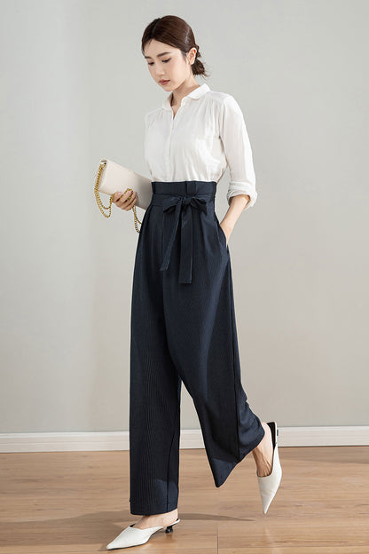 Navy Blue Polyester Wide Leg Pants - Striped, Belted Waist 4203