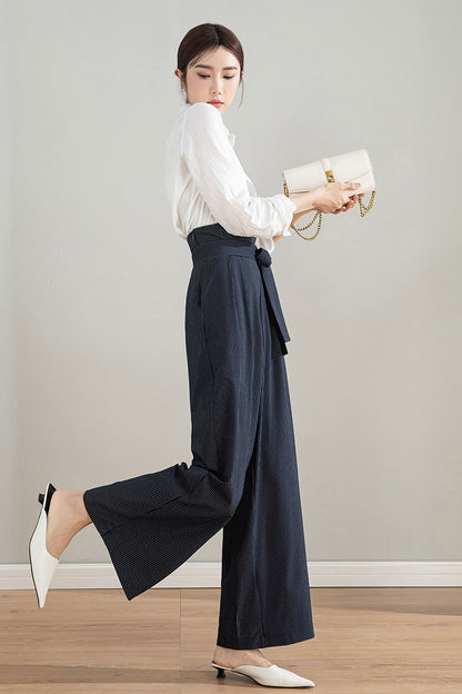 Navy Blue Polyester Wide Leg Pants - Striped, Belted Waist 4203