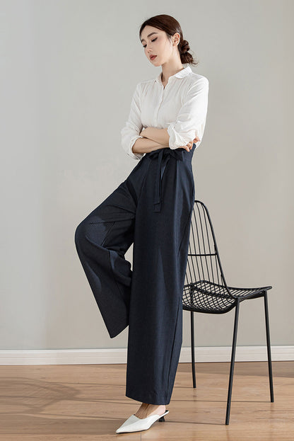 Navy Blue Polyester Wide Leg Pants - Striped, Belted Waist 4203