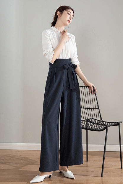 Navy Blue Polyester Wide Leg Pants - Striped, Belted Waist 4203
