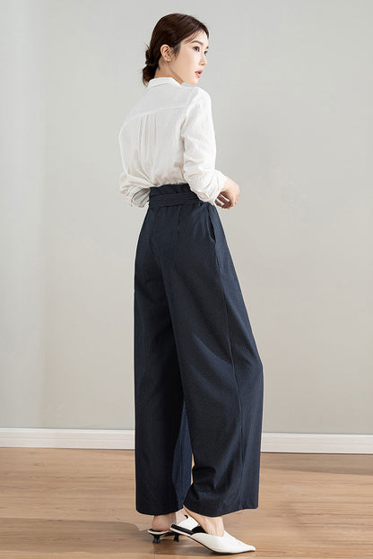 Navy Blue Polyester Wide Leg Pants - Striped, Belted Waist 4203