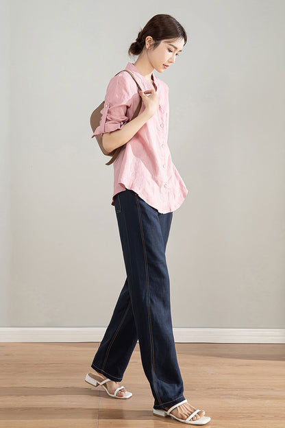 Long Sleeve Pink Linen Shirt 4204