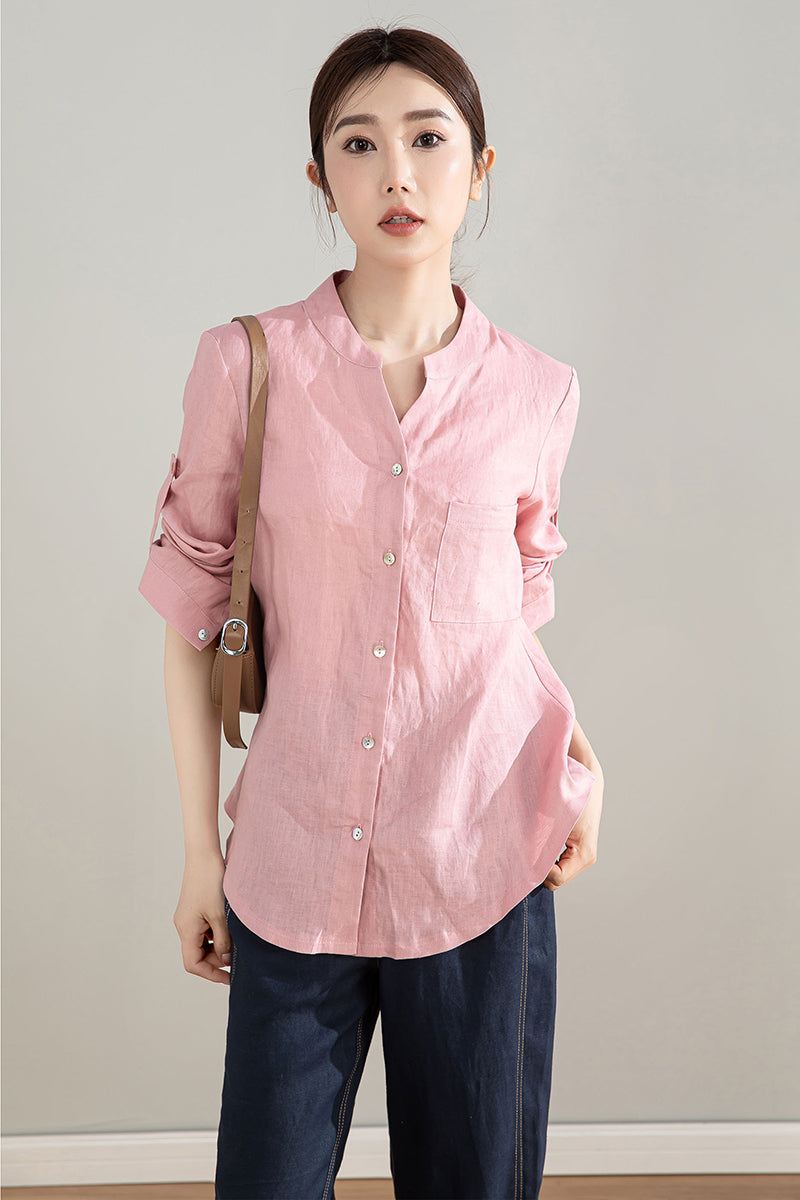 Long Sleeve Pink Linen Shirt 4204