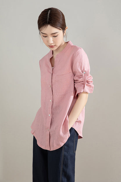 Long Sleeve Pink Linen Shirt 4204