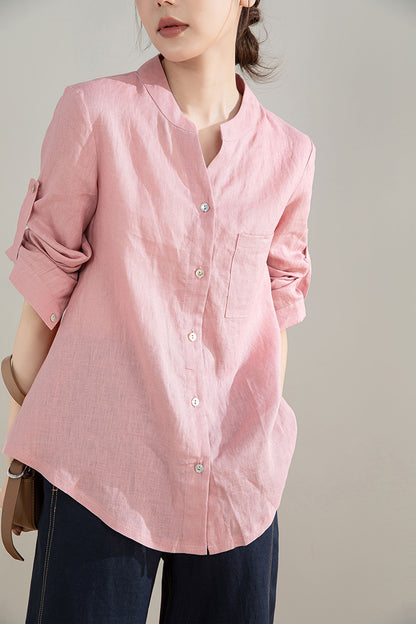 Long Sleeve Pink Linen Shirt 4204