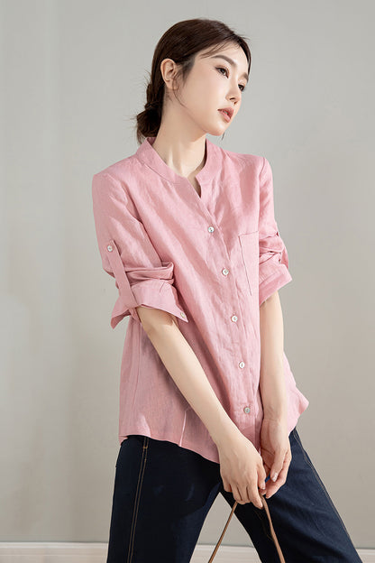 Long Sleeve Pink Linen Shirt 4204