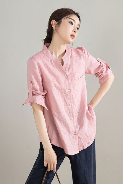 Long Sleeve Pink Linen Shirt 4204