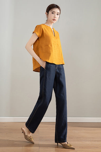 Dark Blue Linen Cotton High Waist Straight Pants | Xiaolizi 4205