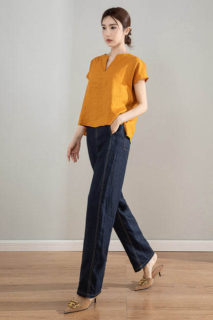 Dark Blue Linen Cotton High Waist Straight Pants | Xiaolizi 4205