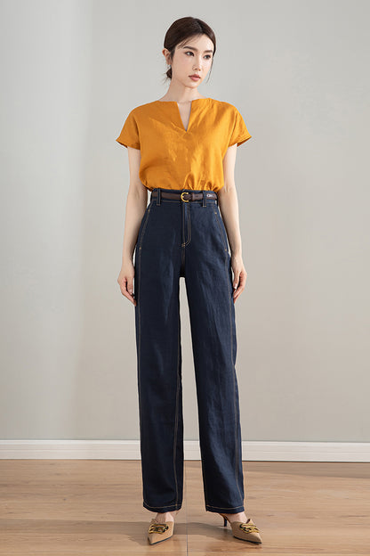 Dark Blue Linen Cotton High Waist Straight Pants | Xiaolizi 4205