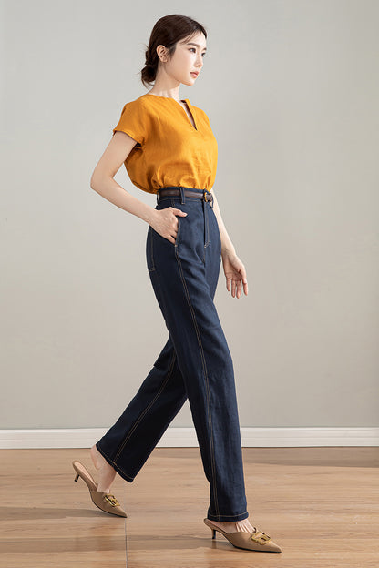 Dark Blue Linen Cotton High Waist Straight Pants | Xiaolizi 4205