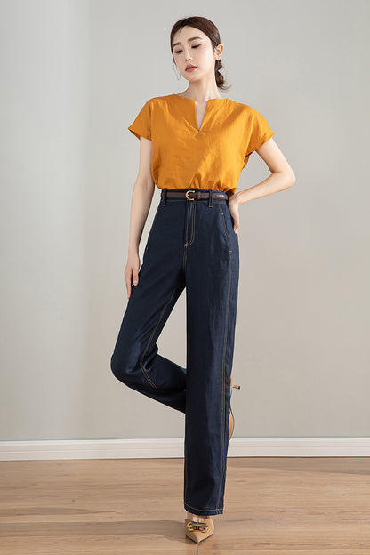 Dark Blue Linen Cotton High Waist Straight Pants | Xiaolizi 4205