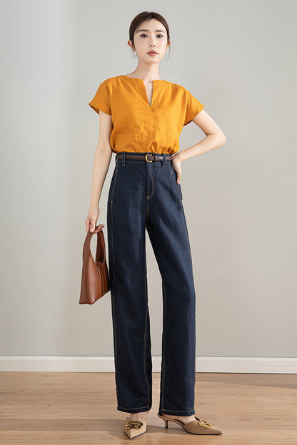 Dark Blue Linen Cotton High Waist Straight Pants | Xiaolizi 4205