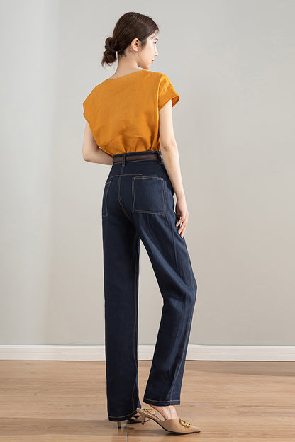 Dark Blue Linen Cotton High Waist Straight Pants | Xiaolizi 4205