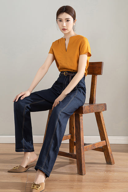Dark Blue Linen Cotton High Waist Straight Pants | Xiaolizi 4205