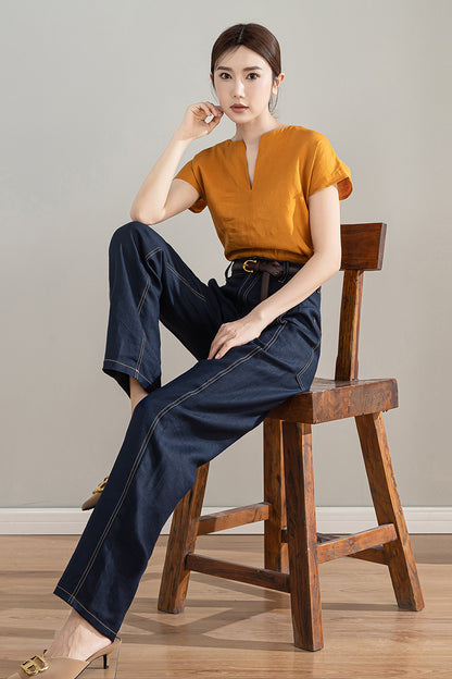 Dark Blue Linen Cotton High Waist Straight Pants | Xiaolizi 4205