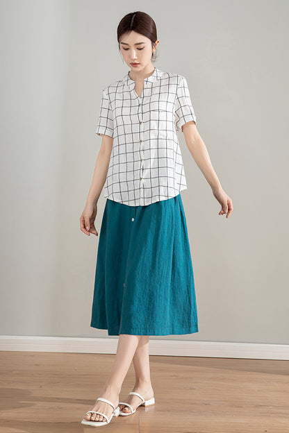 Black & White Plaid Linen Shirt - Loose Fit, Short Sleeve 4206