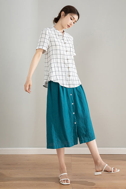 Black & White Plaid Linen Shirt - Loose Fit, Short Sleeve 4206