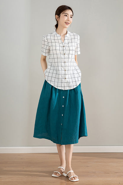 Black & White Plaid Linen Shirt - Loose Fit, Short Sleeve 4206