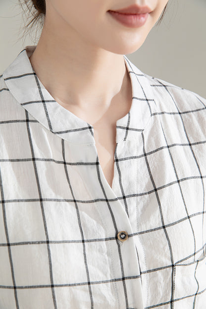Black & White Plaid Linen Shirt - Loose Fit, Short Sleeve 4206
