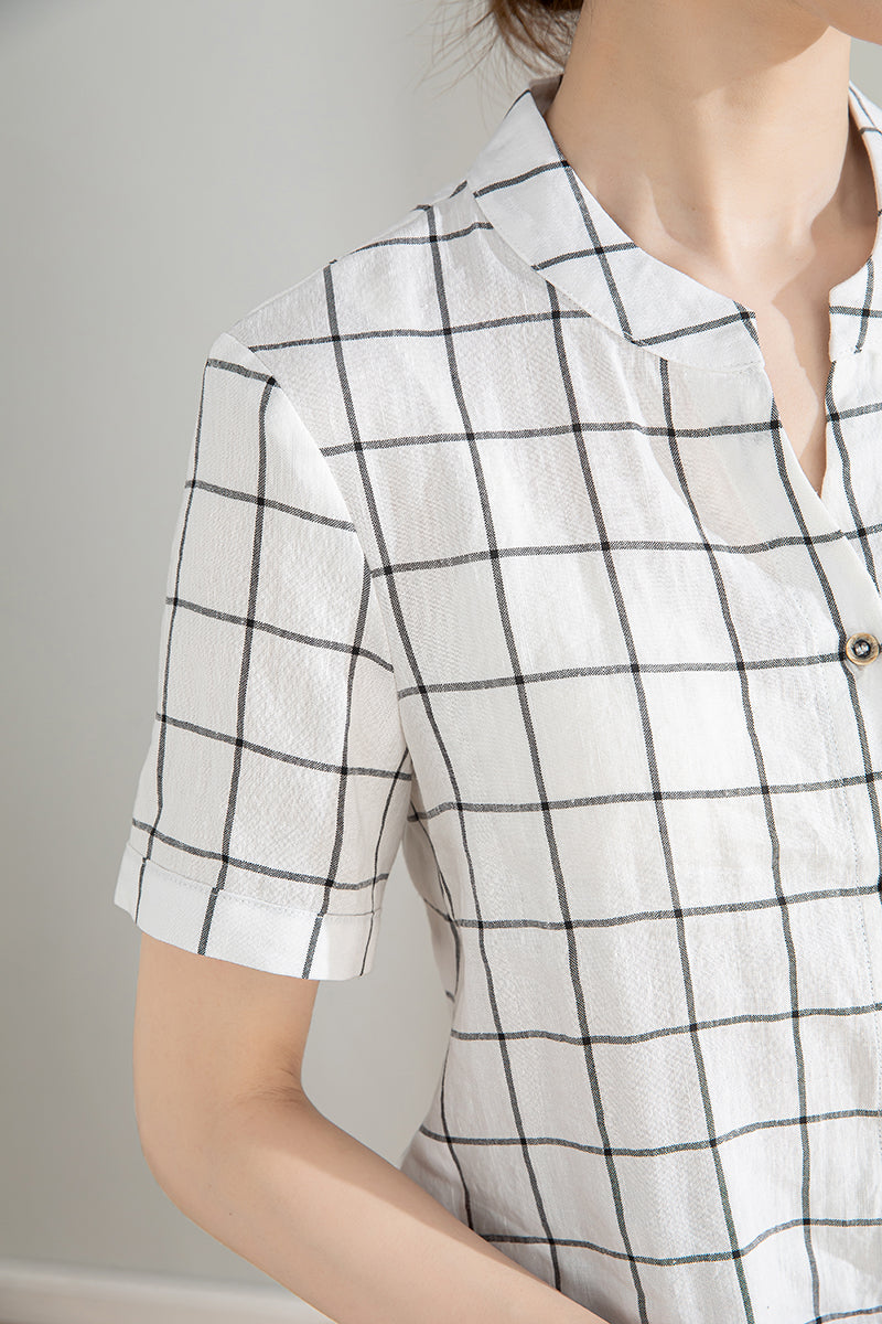 White and Black Plaid Linen Shirt 4206