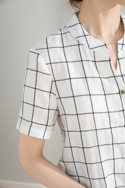 Black & White Plaid Linen Shirt - Loose Fit, Short Sleeve 4206