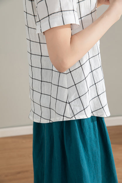 Black & White Plaid Linen Shirt - Loose Fit, Short Sleeve 4206