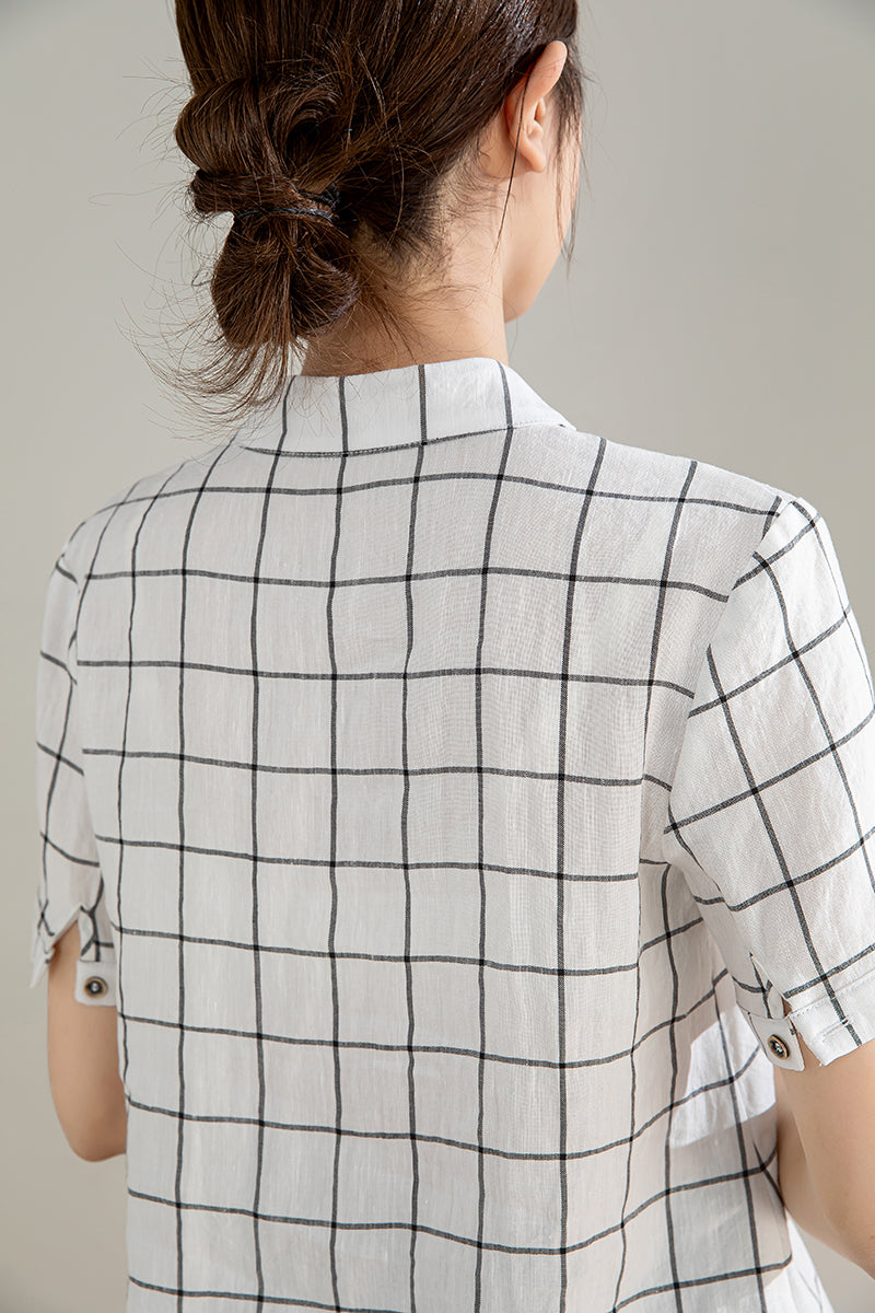 White and Black Plaid Linen Shirt 4206