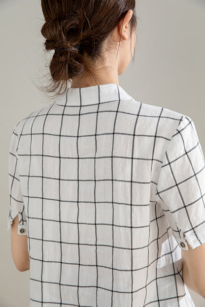 Black & White Plaid Linen Shirt - Loose Fit, Short Sleeve 4206