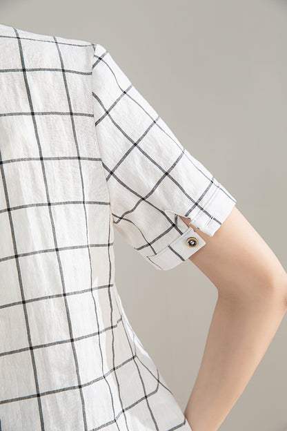 Black & White Plaid Linen Shirt - Loose Fit, Short Sleeve 4206