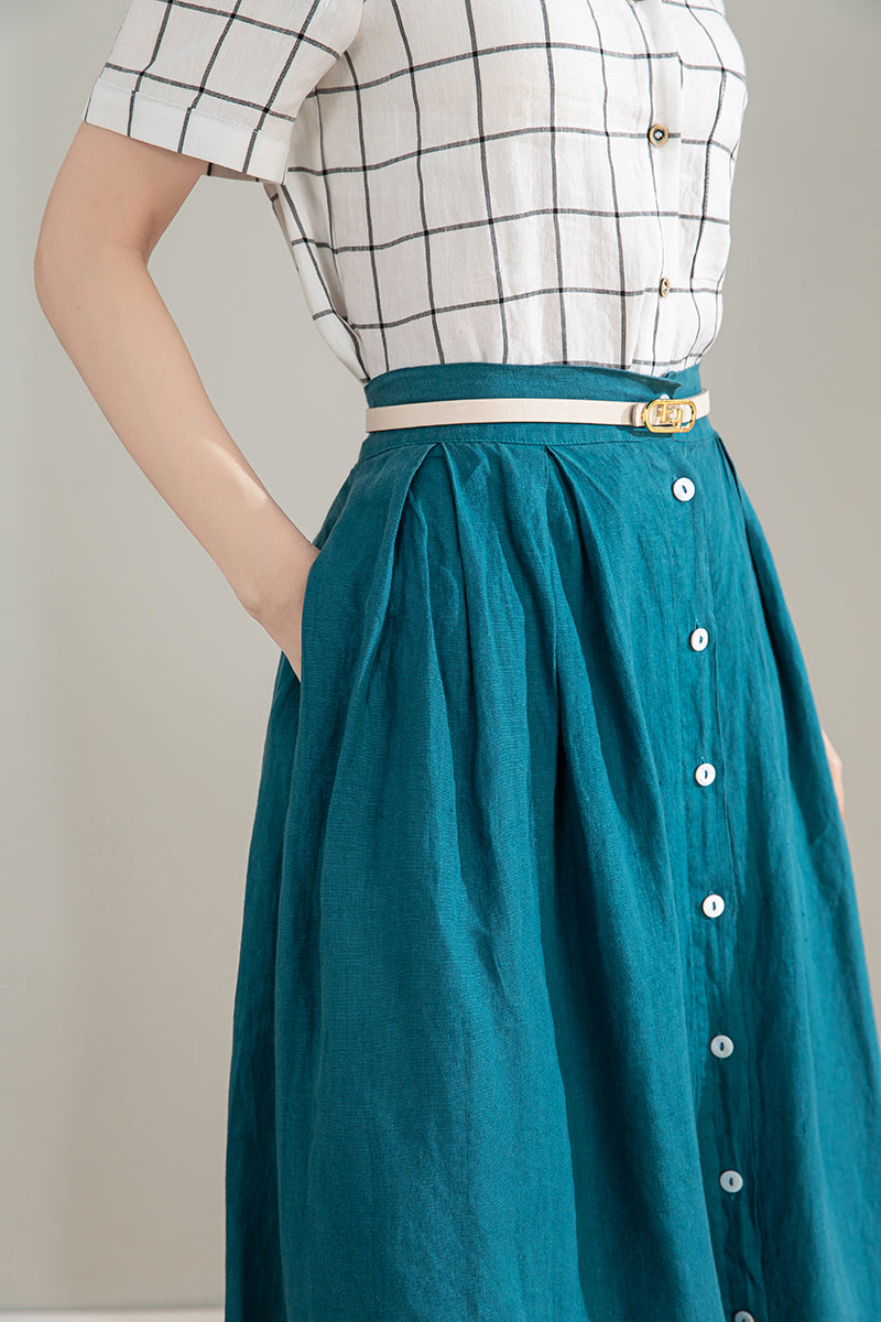 Blue Button Front Linen Skirt 4214