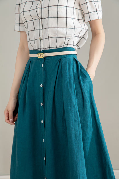 Xiaolizi Vintage-Inspired Linen Cotton Button-Front Midi Skirt - Spring to Autumn 4214
