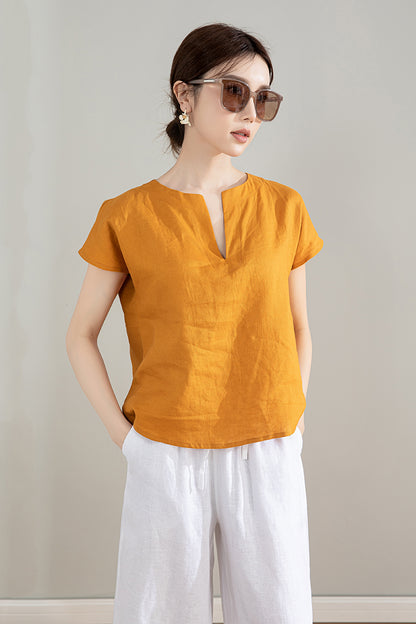 Yellow Short Sleeve Linen Shirt 4207