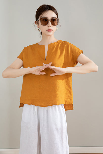 Yellow Linen Shirt - Short Sleeve Loose Fit Top 4207