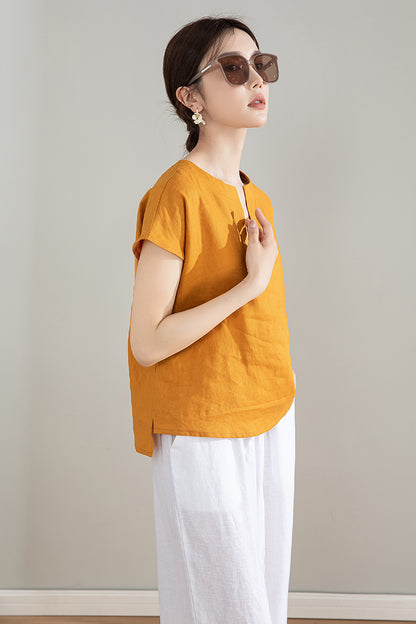 Yellow Linen Shirt - Short Sleeve Loose Fit Top 4207
