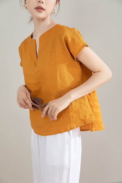 Yellow Linen Shirt - Short Sleeve Loose Fit Top 4207